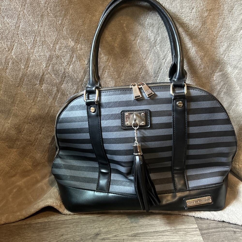 Adrienne Vittadini Bag Alma Domed Satchel Striped Grey Black Designer Y2k